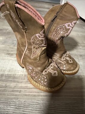 Blazin Roxx Brown Kids Western Boots with Pink Embroidery